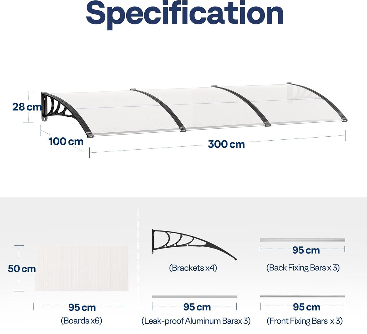 VIVOHOME Vensterdeur Luifel Transparant voor voordeur 100 x 300cm met aluminium frame en polycarbonaat luifel met boogzonwering en regenbescherming