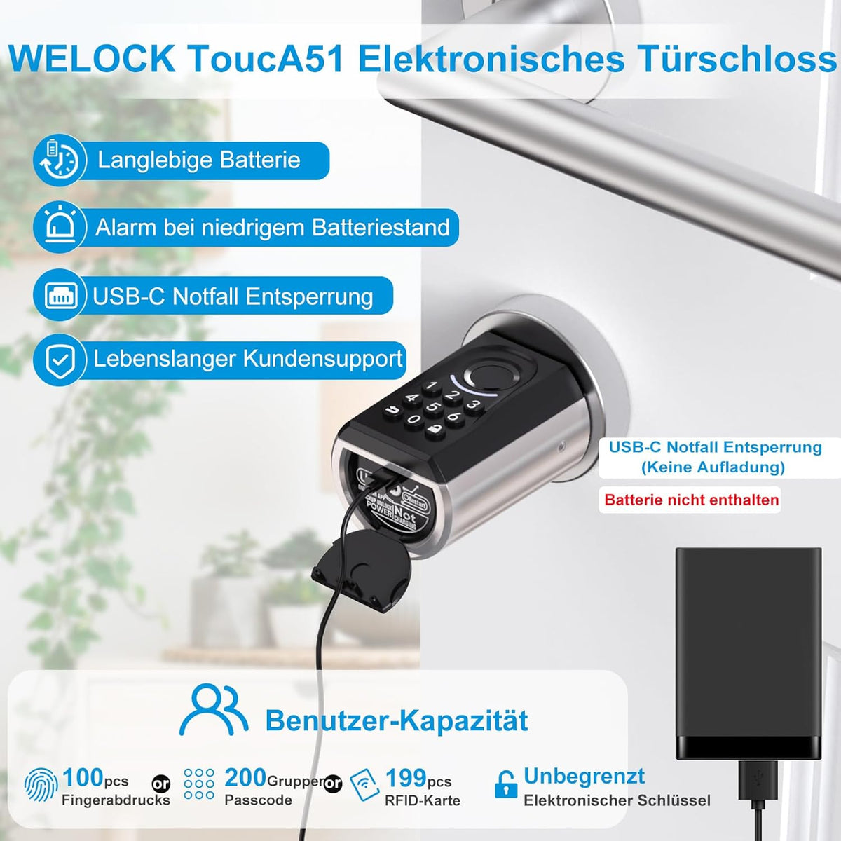 WELOCK ToucA51 Deurslot, vingerafdruk, pascode, vingerafdrukslot, voor huisdeur, met RFID-kaart-app, elektronische cijfercode, deurslot, verstelbare sluitcilinder voor 30-70 mm deur