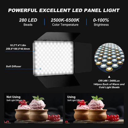 Soonpho Set van 2 LED foto-videolampen paneel met barn doors 2800-6500K dimbaar 20W licht fotografie studio videoverlichting met 1,6m statief en mobiele telefoon houder voor video YouTube live