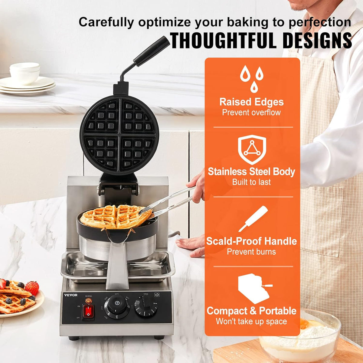 VEVOR Ronde wafelijzer wafel 1300 W, contactgrill Belgisch wafelijzer 4 stuks roestvrij staal wafelautomaat incl. voedselclip & borstels & brandveilig handvat, voor cafés, restaurant enz.