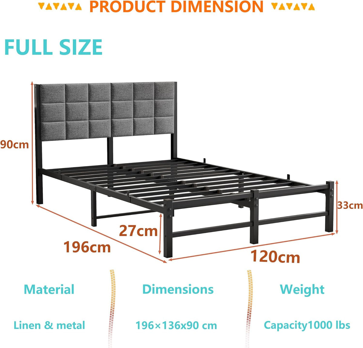 Bedframe, 120 x 200 cm met lattenbodem van metaal, gestoffeerd bed met opbergruimte, bedframe, tienerbed, tweepersoonsbed met hoofdeinde, voor slaapkamer, logeerkamer, donkergrijs