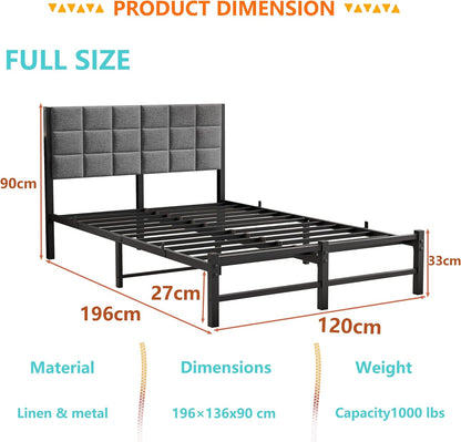 Bedframe, 120 x 200 cm met lattenbodem van metaal, gestoffeerd bed met opbergruimte, bedframe, tienerbed, tweepersoonsbed met hoofdeinde, voor slaapkamer, logeerkamer, donkergrijs