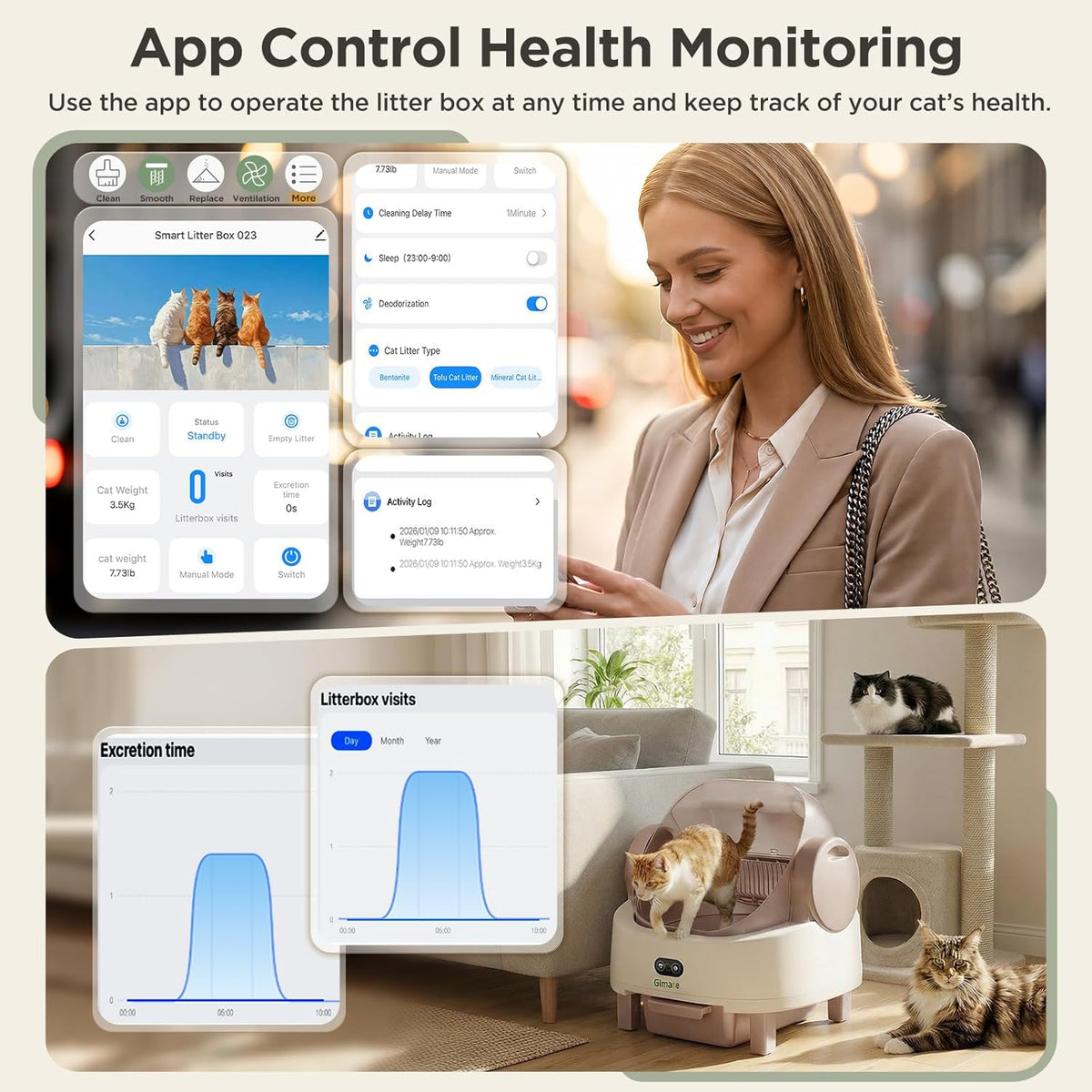 Gimars Open Top Design Zelfreinigende Kattenbak, Automatische Kattenbak voor Meerdere Katten & Senior Katten, App Control met Veiligheidssensoren, Lage Geur, Inclusief Vuilniszakken & Kattenbak