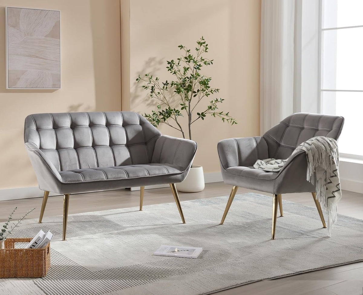 Fluwelen Fauteuil Set – Gestoffeerde Stoel – Kuipstoel – Accentstoel – Lounge Stoel – Compact Design – Metalen Poten – 2 Stuks Grijs