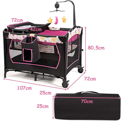 FANTASK 4-in-1 inklapbaar reisbed tot 15 kg, mobiele wieg, bijzetbed & commode & box, 2 niveaus babybed in hoogte verstelbaar met draagtas, matras en muziekdoos