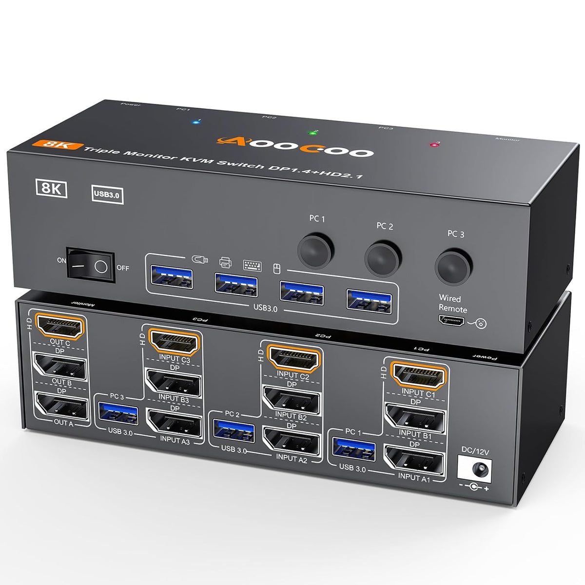 KVM Switch 3 PC 3 monitoren 4K @144Hz/8K @60Hz, Triple Monitor HDMI DP KVM-switches met bekabelde afstandsbediening, voeding en USB 3.0-kabel inbegrepen