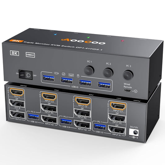 KVM Switch 3 PC 3 monitoren 4K @144Hz/8K @60Hz, Triple Monitor HDMI DP KVM-switches met bekabelde afstandsbediening, voeding en USB 3.0-kabel inbegrepen