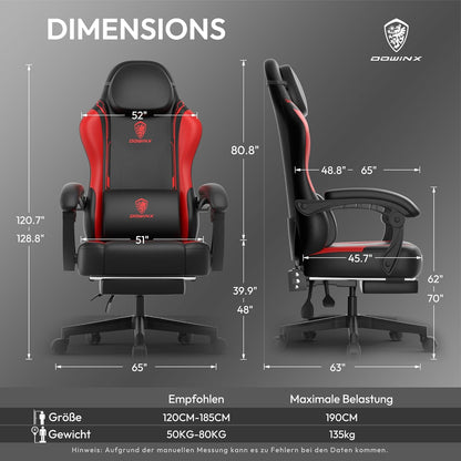Dowinx Gaming Chair, Ergonomic PU Leather Gamer Chair with Lumbar Support, PC Chair with Widened Backrest, Maximum Load 150 kg, Red - QUORE