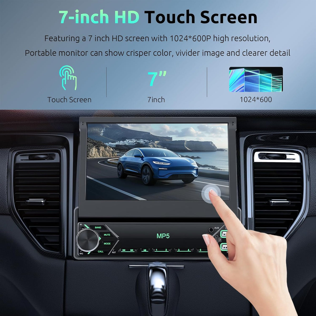 Autoradio, 1 Din met draadloze Carplay Android auto, 7 inch IPS HD, handmatige flip-touchscreen-radio, ondersteuning Bluetooth Link spiegel, DAB FM 2 USB Type-C stuurwielbedieningselementen