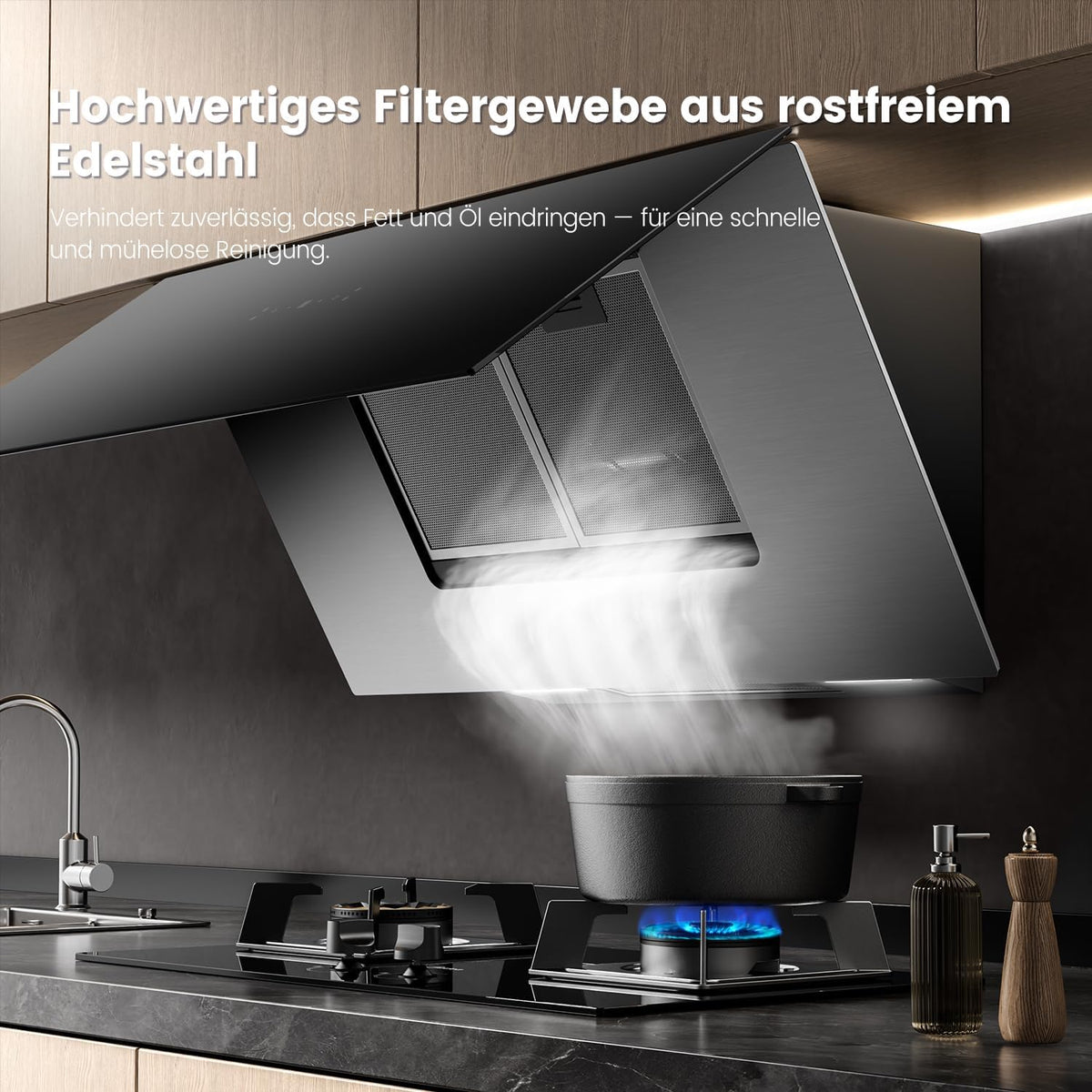 COMFEE ANGJ72B-90PRO-EU Afzuigkap A++, 90 cm, 800 m³/h luchtstroom, kopvrije wandkap met convectie en afvoerlucht, touchscreen, gebarenbediening, 4 snelheden, 68 dB, led