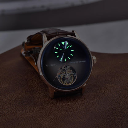 Pagani Design Herenhorloges, automatisch, waterdicht, analoog, individueel design, skelet, kleine lunette met PU-lederen band, elegante cadeaus voor mannen (lichtbruin), bruin