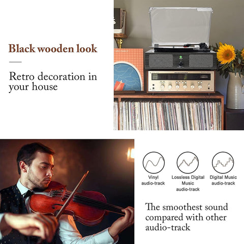 Platenspeler - Geïntegreerde Luidsprekers - Vintage Fonograaf - met Bluetooth-Riemaandrijving - 3 snelheden - voor Muziekgenot - Woondecoratie - Hout - Kolenzwart