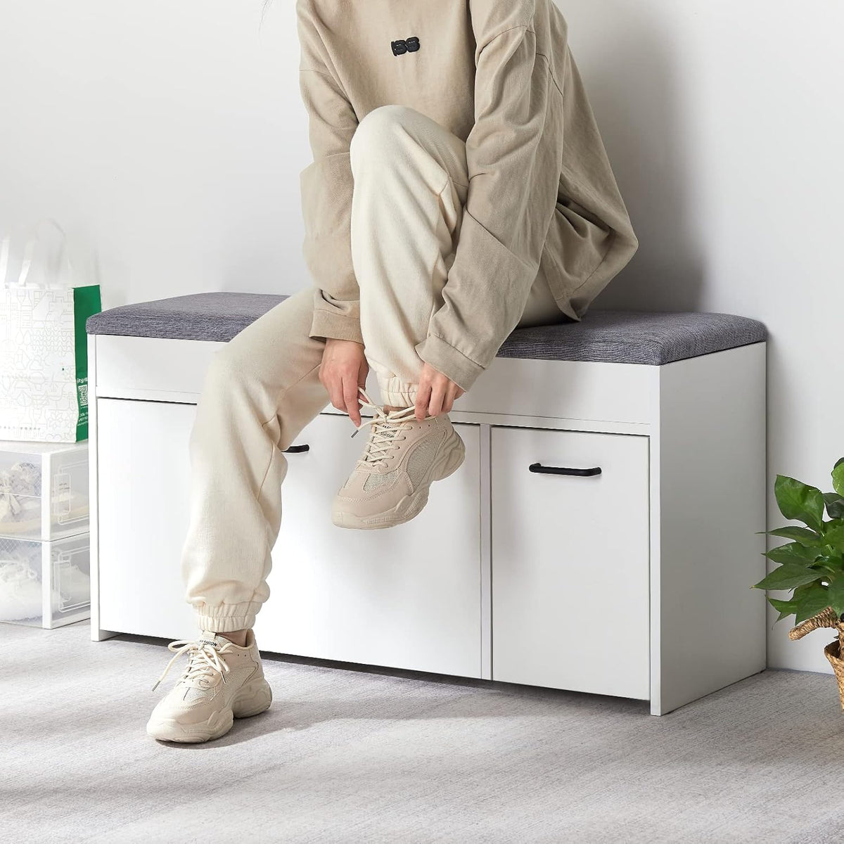 Meerveil Shoe Bench with Seat, Shoe Bench with Storage Space and Folding Drawer, Wooden Industrial Style for Hallway, 100 x 52 x 30 cm (W x H x D), White - QUORE
