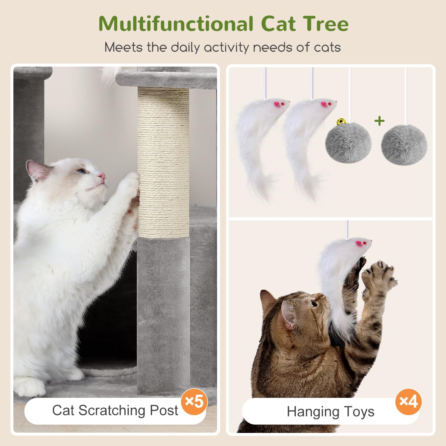 Globlazer Cat Tree Large, Scratching Post XXl high 204cm with 3 cat house, 2 Large Platform, 2 Cat Baskets Soft, Stable cat tower luxury for 3-5 Large cats Rest Play Indoor (F80F, Light grey) - QUORE
