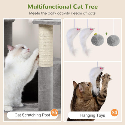 Globlazer Cat Tree Large, Scratching Post XXl high 204cm with 3 cat house, 2 Large Platform, 2 Cat Baskets Soft, Stable cat tower luxury for 3-5 Large cats Rest Play Indoor (F80F, Light grey) - QUORE