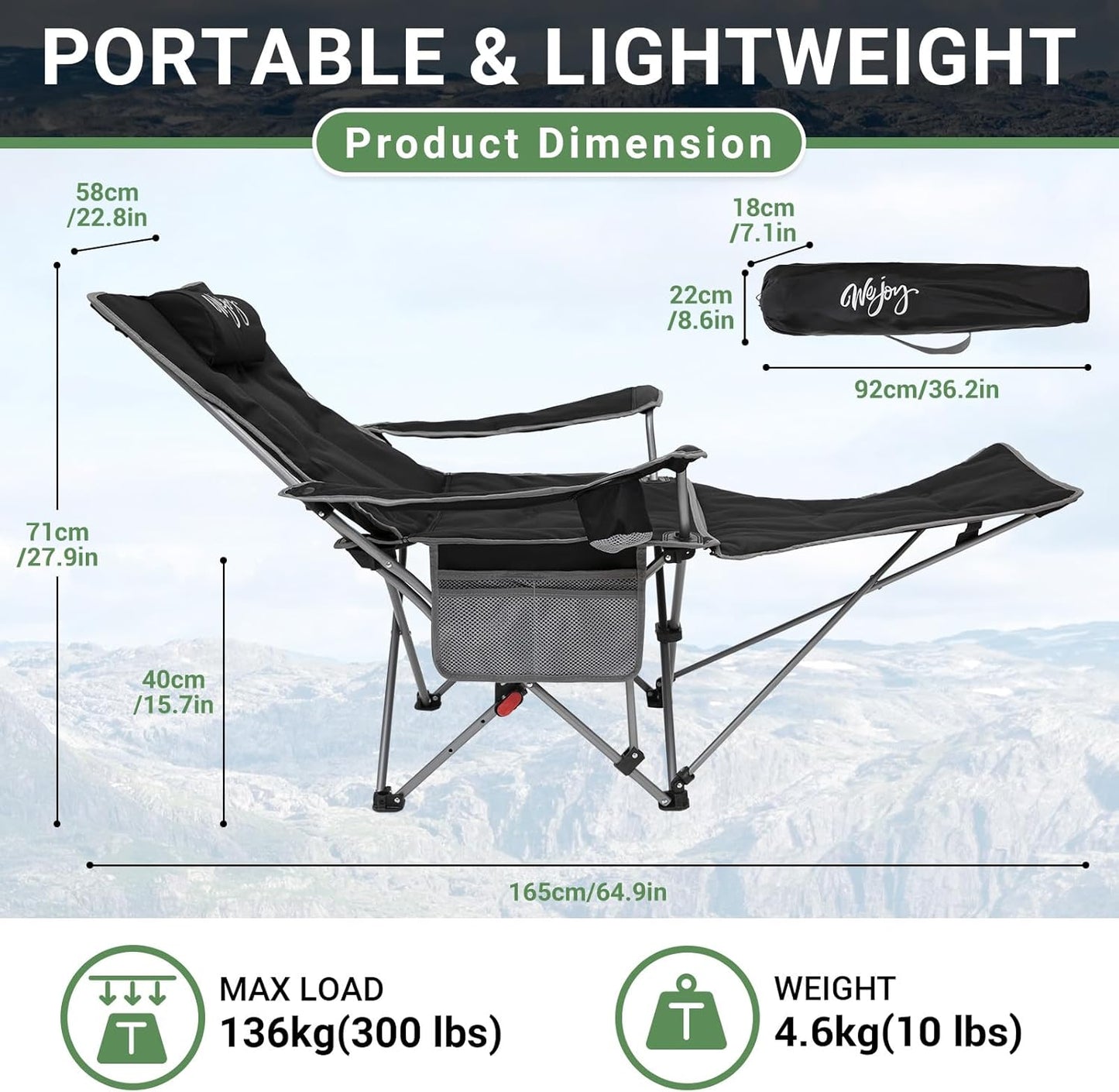 #WEJOY 2-in-1 campingstoel, opvouwbaar met voetensteun, gevoerde ligstoel met verstelbare rugleuning, relaxstoel, ligstoel met bekerhouder, ligstoel voor outdoor, camping, zwart, set van 2