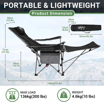 #WEJOY 2-in-1 campingstoel, opvouwbaar met voetensteun, gevoerde ligstoel met verstelbare rugleuning, relaxstoel, ligstoel met bekerhouder, ligstoel voor outdoor, camping, zwart, set van 2