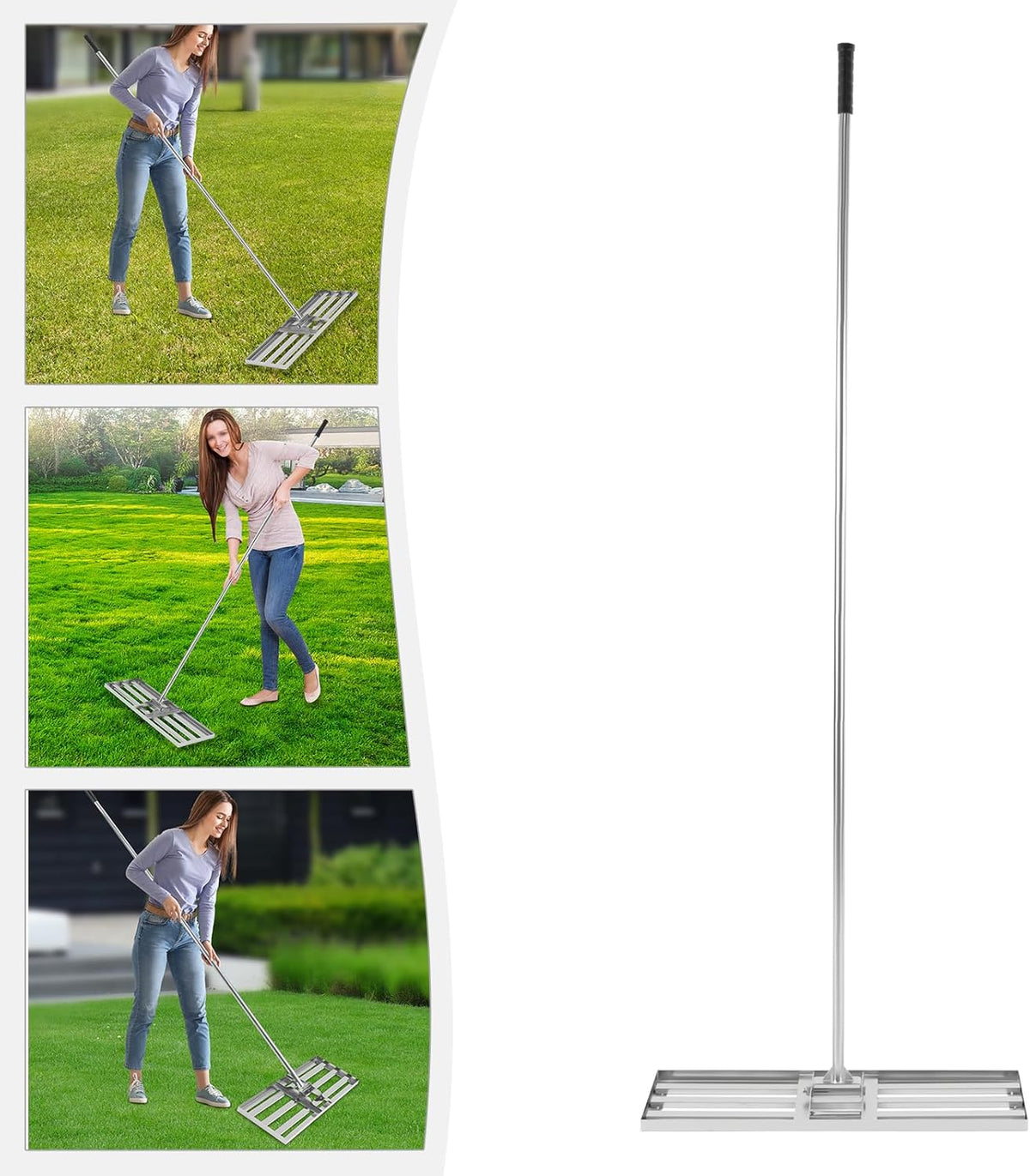 Lawn rake, metal, adjustable handle length 50-180 cm, ground rake for sanding, flat plane, level level leveling - QUORE