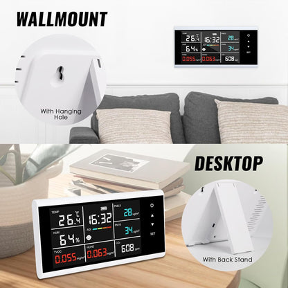 9-in-1 slimme luchtkwaliteitsmonitor, CO2, PM2.5, PM10, HCHO, TVOC, temperatuur, vochtdetector, touchscreen-display, luchtkwaliteitstester, real-time monitor, luchtvervuilingssensor, oplaadbaar