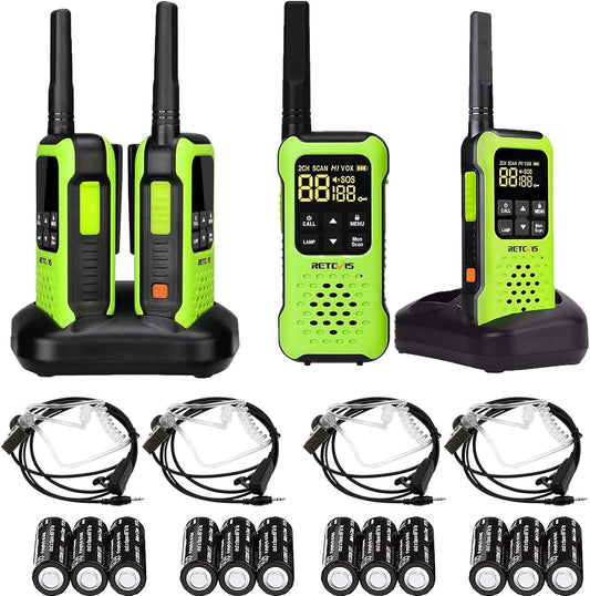 Retevis RT649P Walkie Talkie Oplaadbaar, Ip67 Waterproof Float, PMR 446 Licentievrij 16 Kanalen, Led Zaklamp, Ctcss/Dcs Vox, Walkie Talkie Headset (2 Paar, Groen)