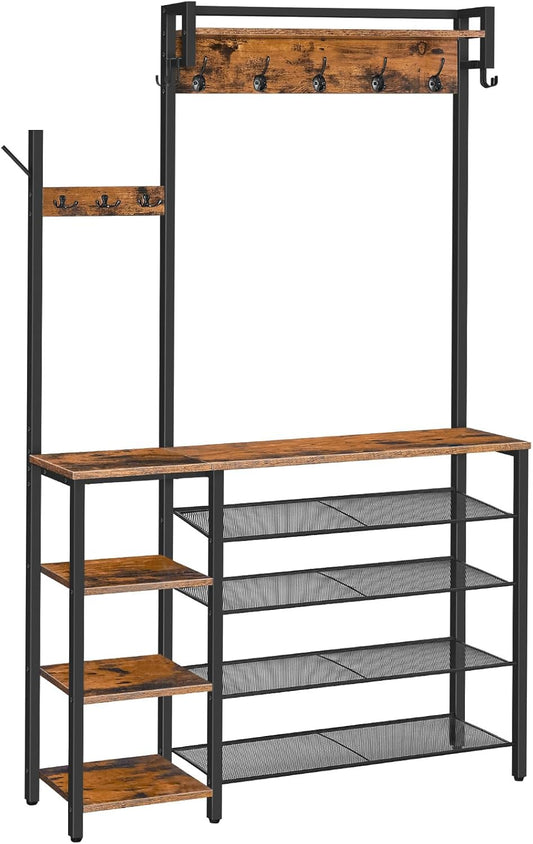 HOOBRO Kapstok Met Schoenenrek - Kledingrek Met 5 Niveaus, 4-Laags Zijplank Voor Foyer, Hal - Vintage Bruin en Zwart EBF105MT01