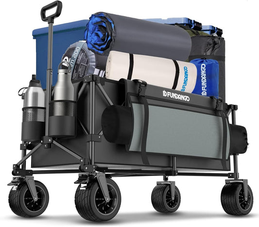FUNDANGO XXL bolderkar, opvouwbaar, 300 l, 200 kg draagkracht, opvouwbare strandwagen met remmen, zijzakken en grote wielen voor alle terreinen, geschikt voor sport, kamperen, winkelen