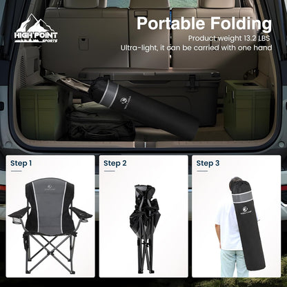 HIGH POINT SPORTS Campingstoel, opvouwbare visstoel, inklapbaar, belastbaar tot 160 kg, klapstoel met armleuning, bekerhouder, stalen frame, draagbare campingstoel, zwart-grijs, 2 stuks