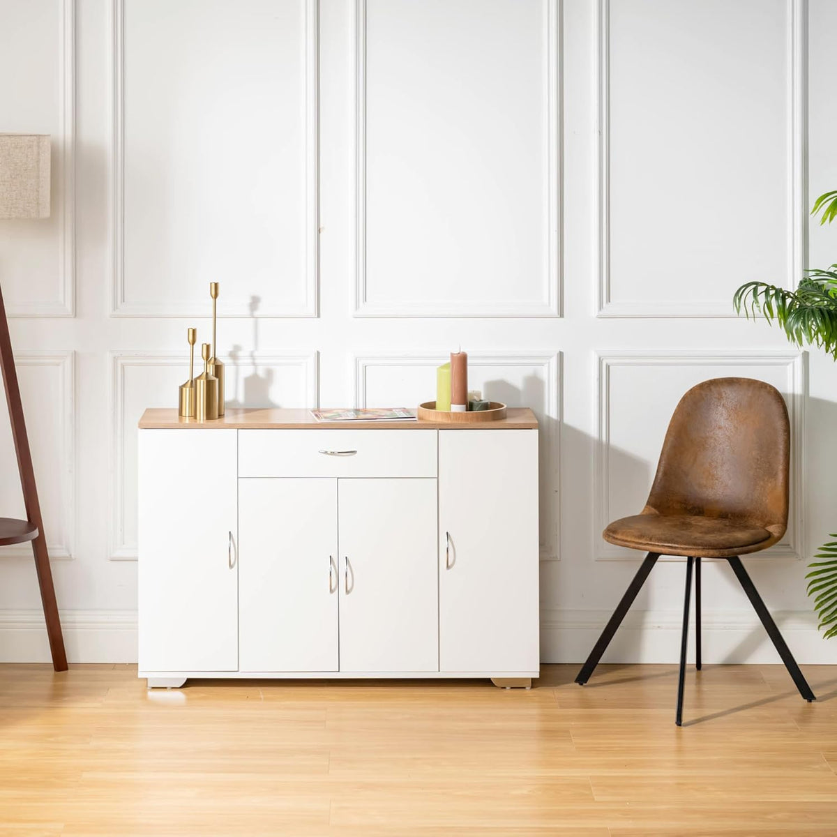 FurnitureR Multi-Storage Unit, Sideboard, Keukenkast, Cupboard met 4 Deuren 1 Drawer, Grote Plankruimte voor Woonkamer, Entrance, Opbergmeubels voor Woonkamer Houten Top, 118 x 30 x 70 cm, Wit