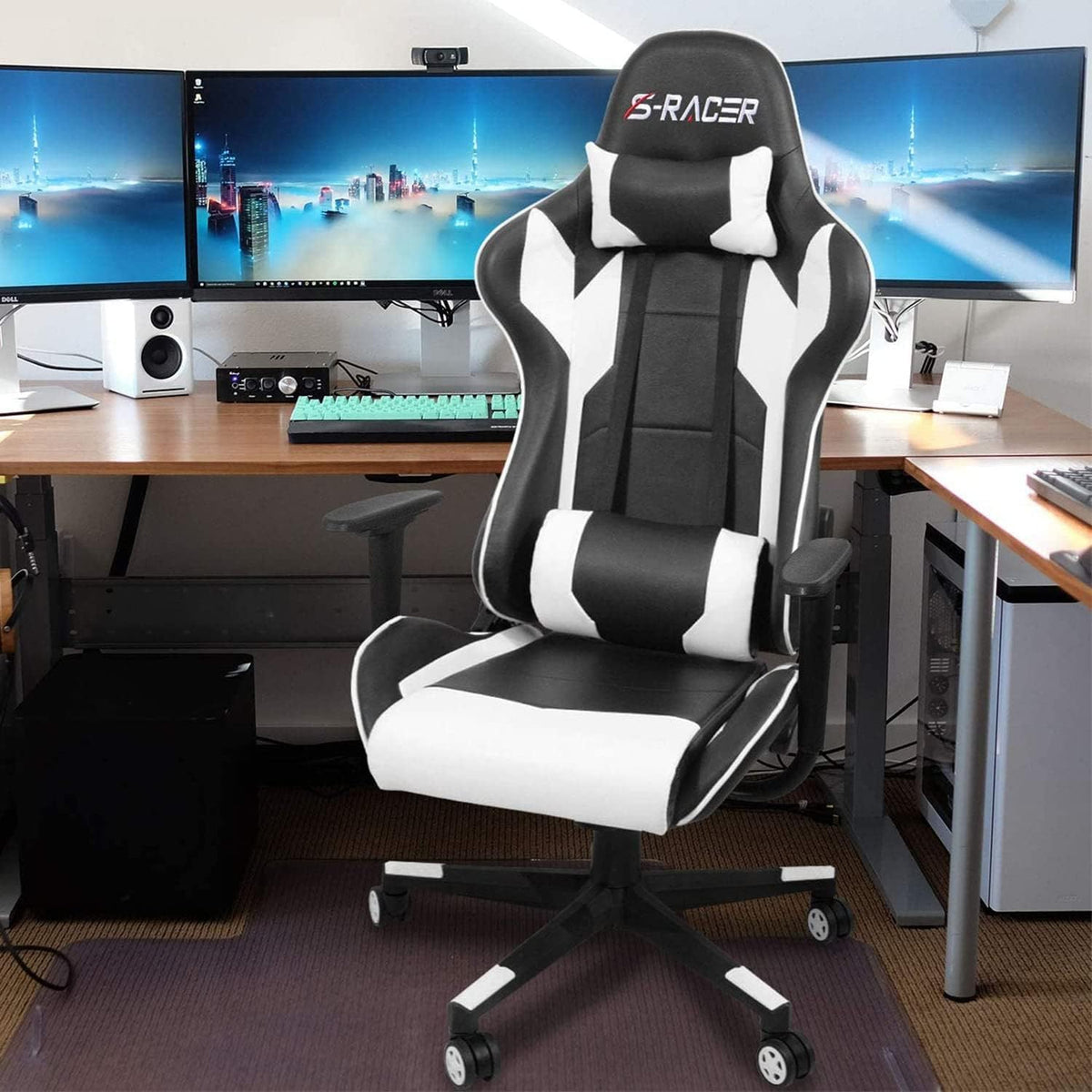 Homall Gamingstoel, bureaustoel, draaibare racestoel, computerstoel, pc-gamerstoel, ergonomisch ontwerp, zwaar belastbare stoel, hoge rugleuning ligstoel met kussen en rugsteun (wit)
