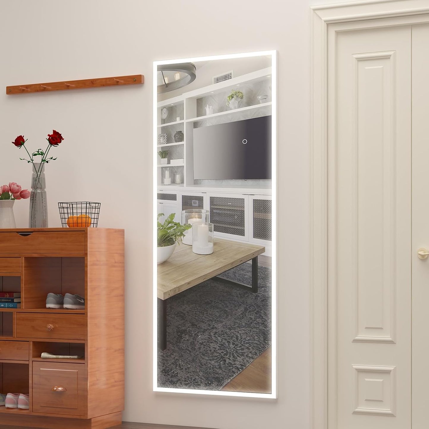 CASSILANDO Spiegel in volledige lengte 160 x 50,8 cm met ledlampen, staande vloerspiegel, wandspiegel, variabele kleur en helderheidsinstelling voor slaapkamer, led, wit met standaard