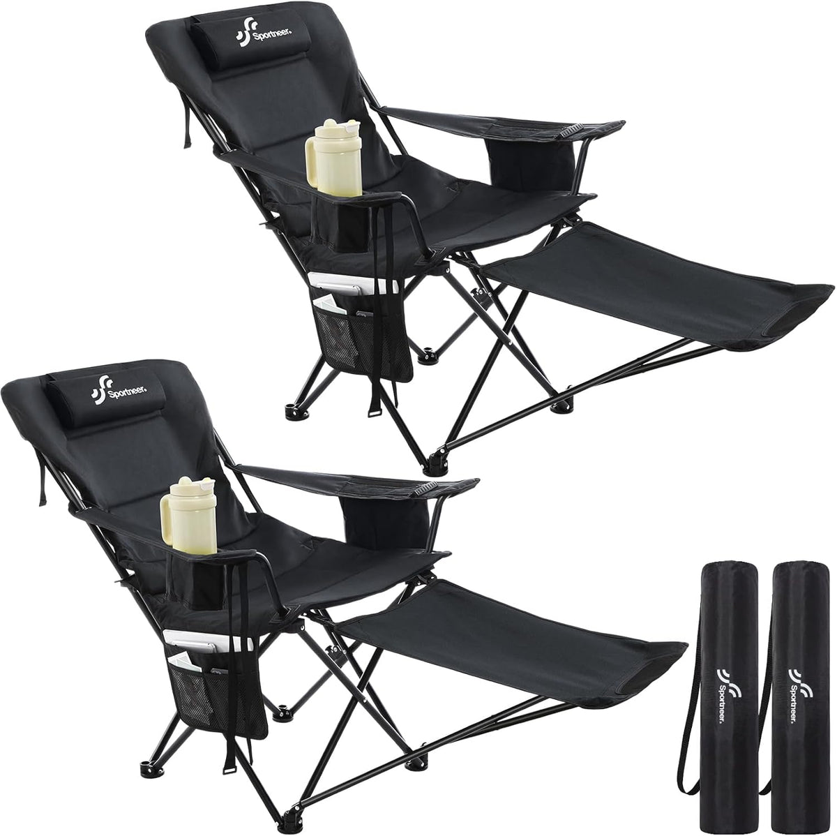 Opvouwbare campingstoel, 2-in-1, strandstoel met 4-voudig verstelbare rugleuning, campingstoel met voetensteun, met koeltas, bekerhouder voor camping, strand, festival, tuin, balkon