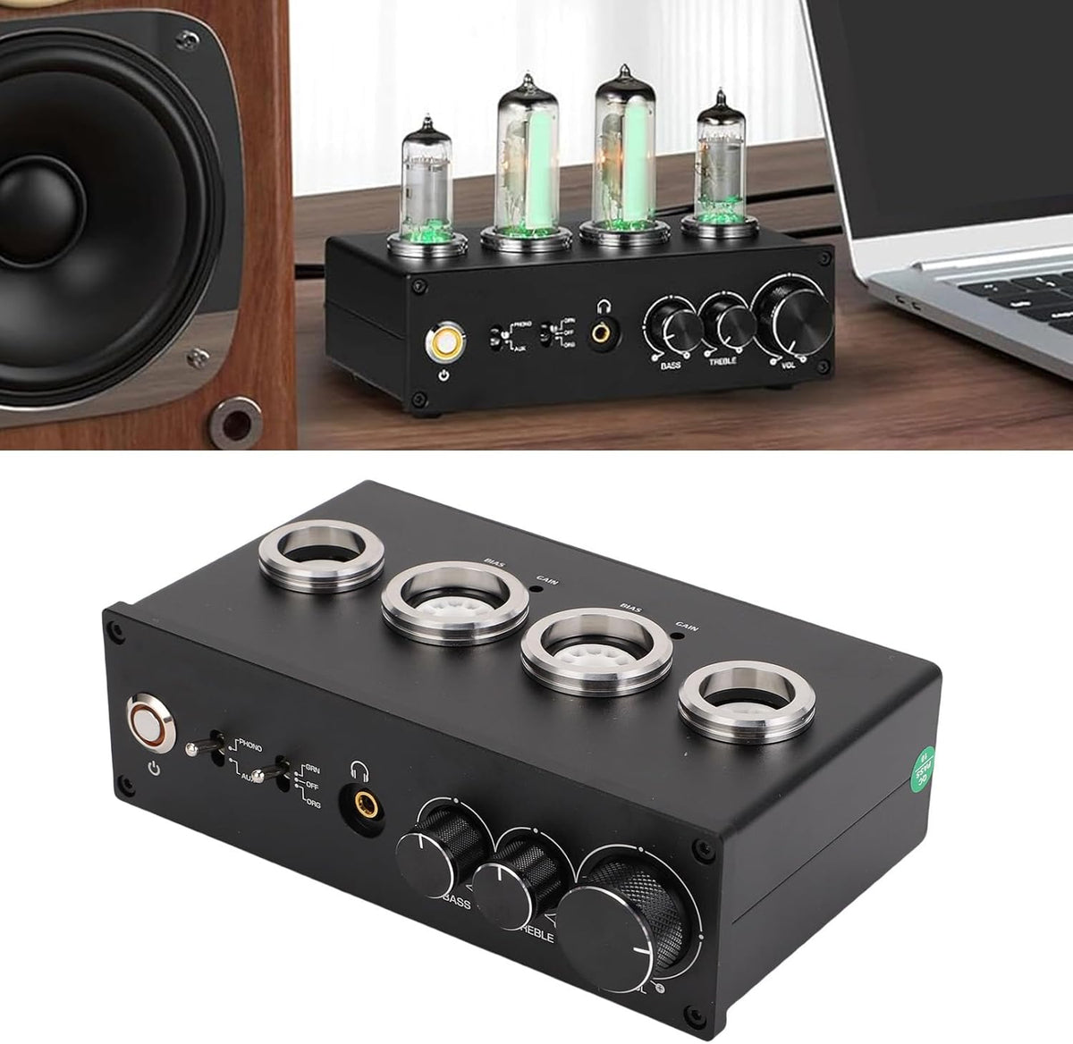 Phono-Voorversterker Met Buizen – Platenspeler Voorversterker – RIAA Voorversterker – MM/MC Voorversterker – Hifi Voorversterker – 3,5 Mm Koptelefoonaansluiting – Treble En Bassregeling