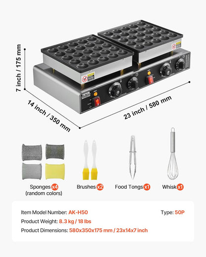 Mini Pannenkoekenmaker – Poffertjesmaker – Dorayaki Apparaat – Wafelijzer – Pancake Grill – 50 Mini Pannenkoekjes Tegelijk – 1800W Met Instelbare Temperatuur en Timer