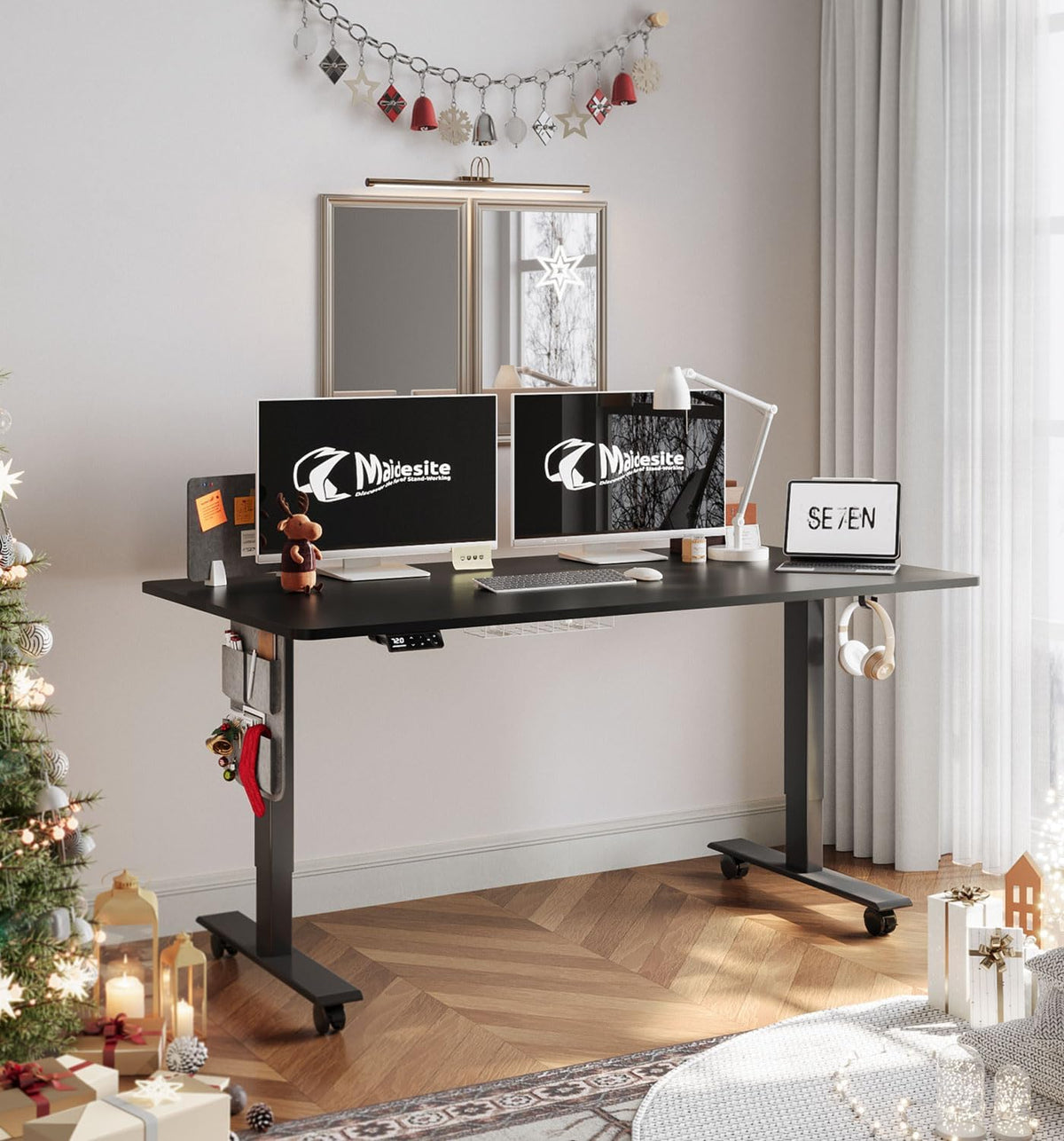MAIDeSITe In Hoogte Verstelbaar Bureau (140 x 70 cm) Gemakkelijk te Monteren Bureau in Hoogte Verstelbaar Elektrisch met 4 Geheugenknoppen en Memoboard en 360° Wielen Bureau SN1