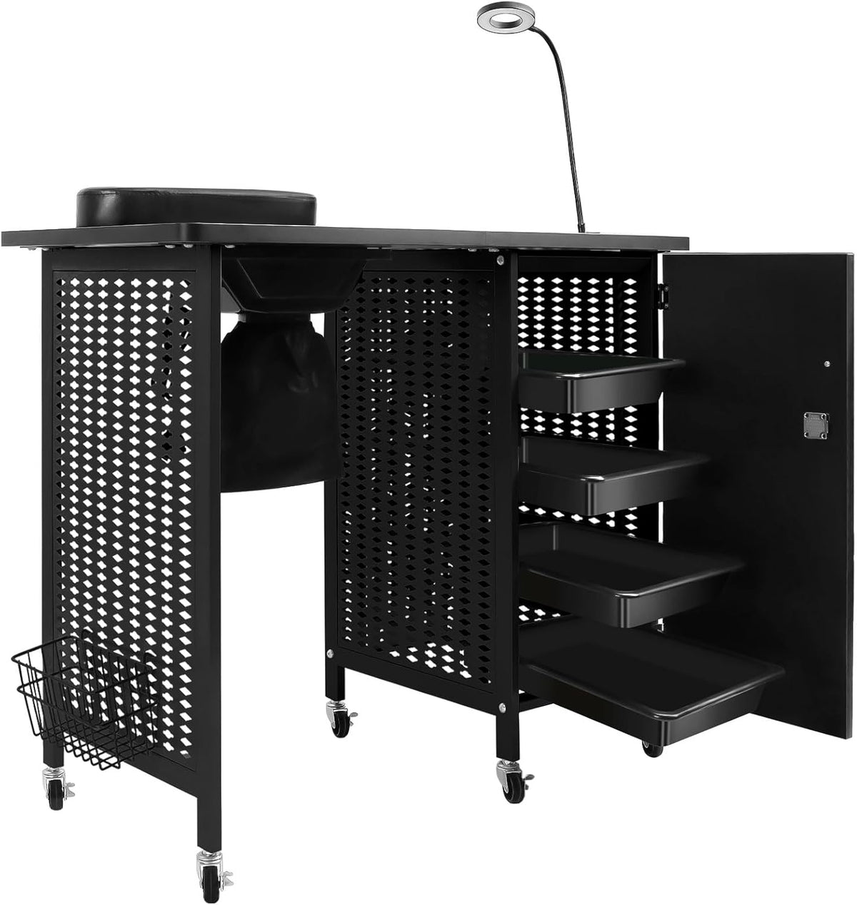 Kalolary Manicure nageltafel, mobiel nagelstation met nagelstofverzamelaar, 4 laden, led-lampen, polssteun voor thuistechnici, spa, schoonheidssalon, werkplek (Zwart)