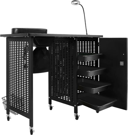 Kalolary Manicure nageltafel, mobiel nagelstation met nagelstofverzamelaar, 4 laden, led-lampen, polssteun voor thuistechnici, spa, schoonheidssalon, werkplek (Zwart)