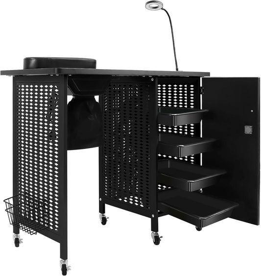 Kalolary Manicure nageltafel, mobiel nagelstation met nagelstofverzamelaar, 4 laden, led-lampen, polssteun voor thuistechnici, spa, schoonheidssalon, werkplek (Zwart)