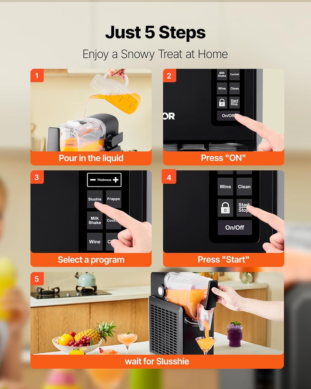 VEVOR Slushy-machine met tank, 2,6 l, geen ijs, zelfreinigend, slush-machine met 5 vooraf ingestelde programma's voor bevroren margerita's, frappés, smoothies