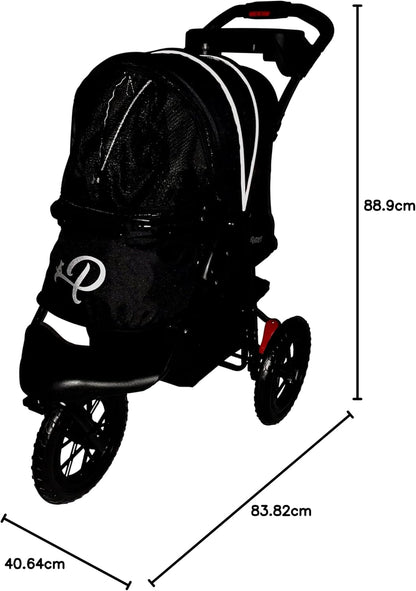 PETIQUE Chinook Zwart | Luxe hondenwandelwagen | Vouwen met één hand | 12" Eva-banden voor en achter voor extra comfort | Reflecterende binding | Houdt huisdier tot 23 kg | Dierendrager