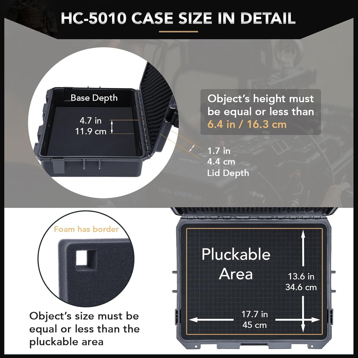 Lykus HC-5010 Grote Waterdichte Koffer Case met schuim, Binnenmaat 50x40x16.5 cm, Geschikt voor elektronische apparatuur en meer