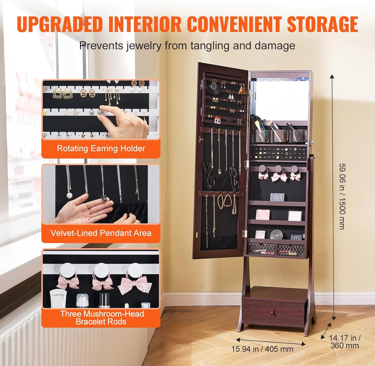 VEVOR Sieradenkast, 41 x 36 x 157 cm, met spiegel, sieradenspiegel-organizer met slot en full-body spiegel, fluwelen voering, ledlicht, lade voor sieraden, effecten, bruin
