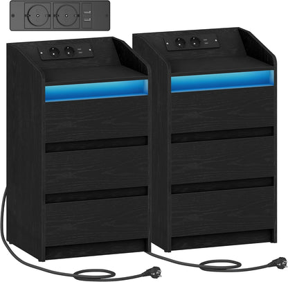 Hzuaneri Bedside Table Set of 2 with 3 Drawers, Side Table with Charging Base and LED, 2 AC Outlets and 2 USB Ports for Bedroom, Living Room, Black NS40104X