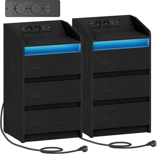 Hzuaneri Bedside Table Set of 2 with 3 Drawers, Side Table with Charging Base and LED, 2 AC Outlets and 2 USB Ports for Bedroom, Living Room, Black NS40104X