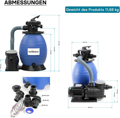 Wiltec zandfiltersysteem 250 W met 26 liter filtertank en zelfaanzuiging 10.000 l/h poolpomp