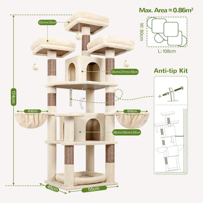 Krabpaal – Kattenboom – Krabmeubel – Klimpaal – Speelhuis Kat – Hoekmodel 172 cm Hoog – Inclusief Hondenbed