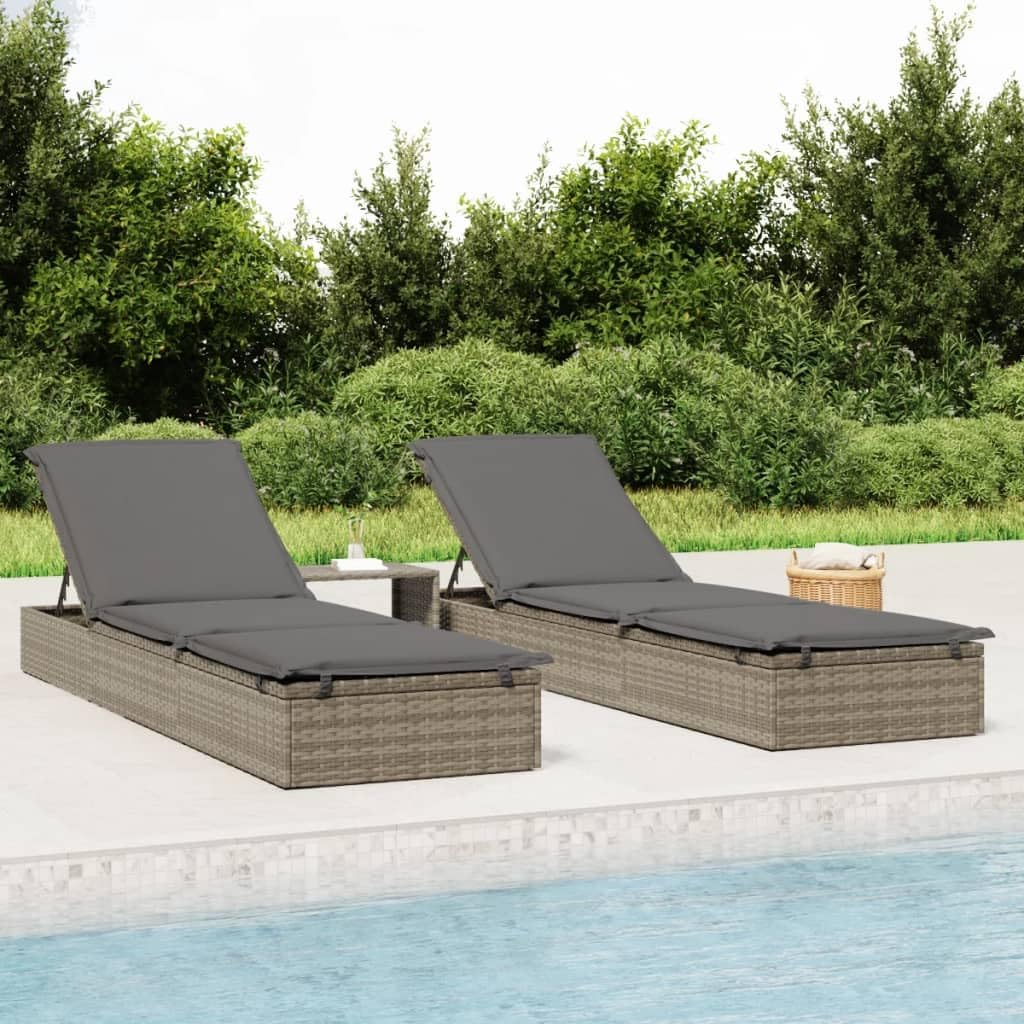 vidaXL Sunbeds 2 pcs with table poly rattan gray, garden chair, sun lounger, lounge chair, lounge chair, relax chair, sunbed, sunbed garden, sun lounger garden - QUORE