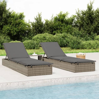 vidaXL Sunbeds 2 pcs with table poly rattan gray, garden chair, sun lounger, lounge chair, lounge chair, relax chair, sunbed, sunbed garden, sun lounger garden - QUORE
