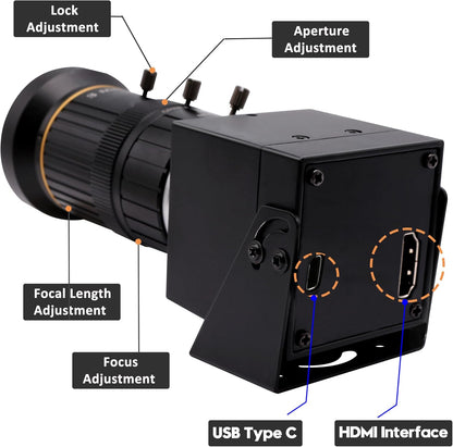 Svpro HDMI-camera, 4K, industriële USB-camera, HD streaming, webcam met 5-50 mm Telephoto zoom, handmatige lens, H.265 CS mount camera, 10 x optische zoomcamera voor pc, computer, laptop, bewaking