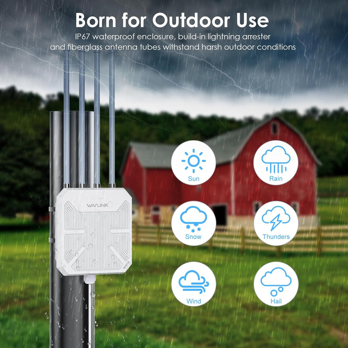 WiFi 6 Mesh Versterker Buiten Lange Afstand AX3000, WN573HX3 Gigabit Outdoor PoE Toegangspunt/Draadloze WLAN Repeater/Internet Booster Signaalversterker (4x8 dBi Antennes, Weerbestendig IP67, WPA3)