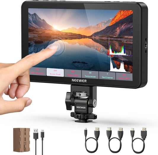 NEEWER F700 7 inch camera veld monitor, 2000nit HD 1920 x 1080 IPS touchscreen met 3D LUT, 4K HDMI Loop In/Out met Peak Focus DSLR Video Assist HDR golfvorm, Cold Shoe Mount, 5200mAh batterij en kabel